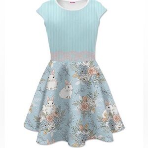 Light Blue & White Stripe & Floral Rabbit Scuba A-Line Dress Girls Size 14-16